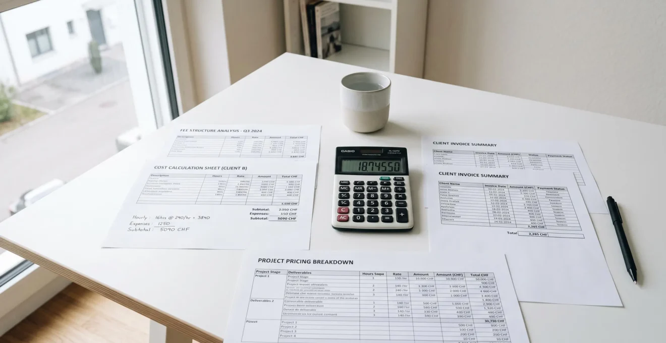 Bureau d'analyse financière avec calculatrice et documents de tarification pour comparer les frais de gestion