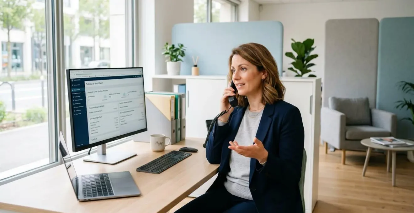 Conseillère en portage salarial offrant un support téléphonique personnalisé dans un bureau moderne