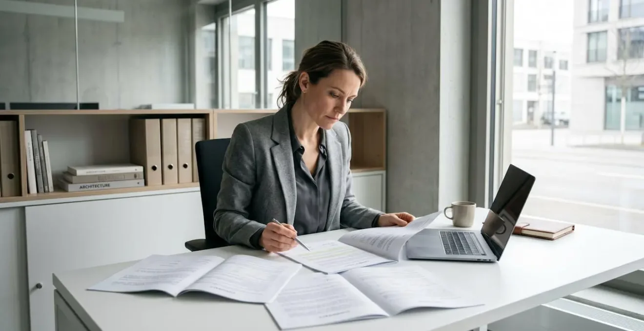 Consultante analysant des contrats de portage salarial dans un bureau contemporain, avec documents étalés sur une table moderne