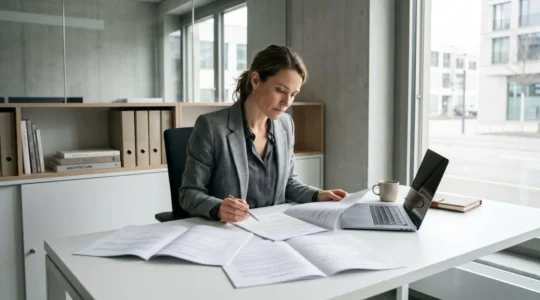 Consultante analysant des contrats de portage salarial dans un bureau contemporain, avec documents étalés sur une table moderne