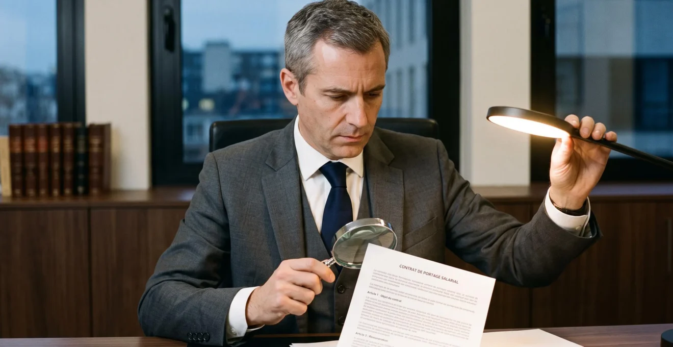 Juriste examinant les clauses d'un contrat de portage salarial avec une loupe dans un bureau d'avocat
